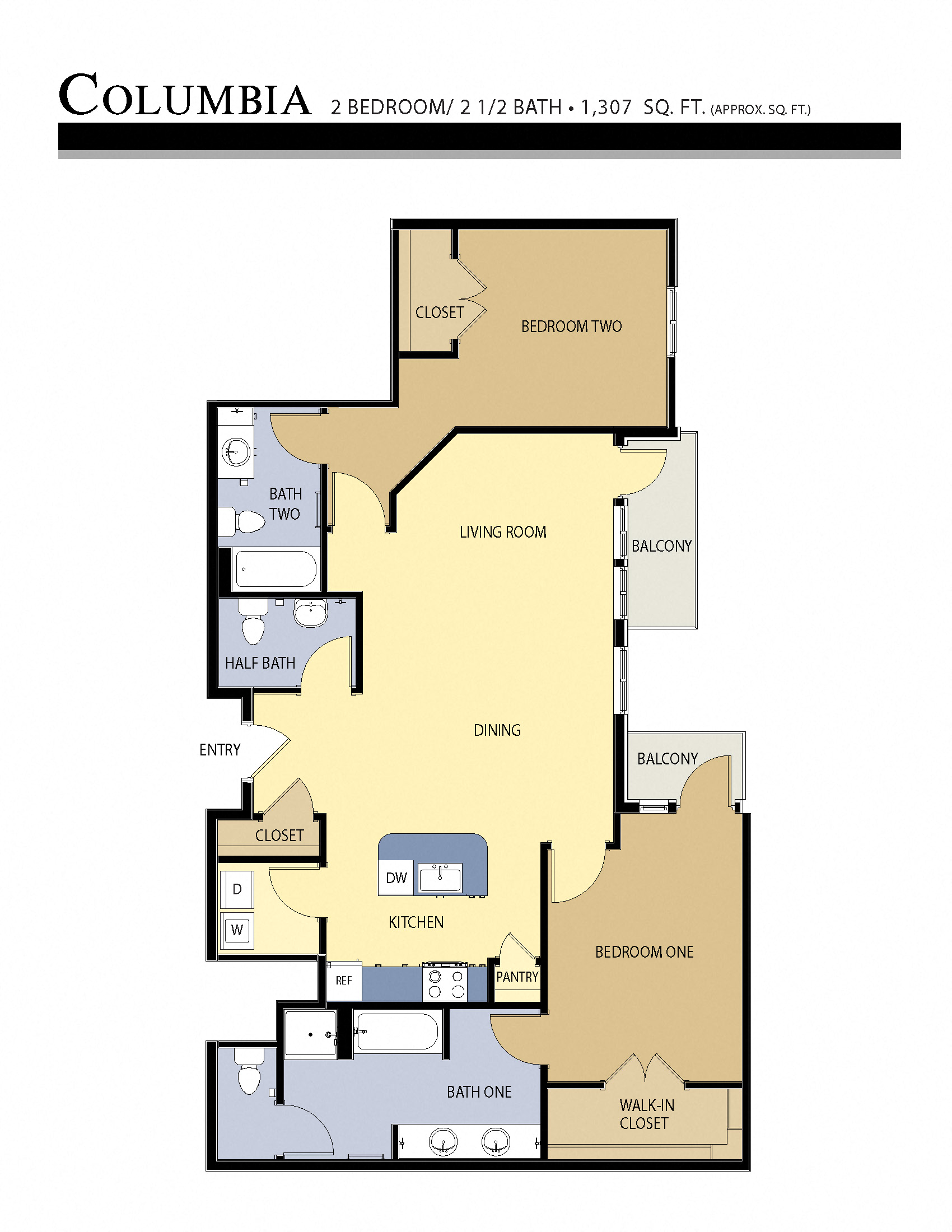 Floor plan for 2 beds, 2.5 baths, 1307 sqft